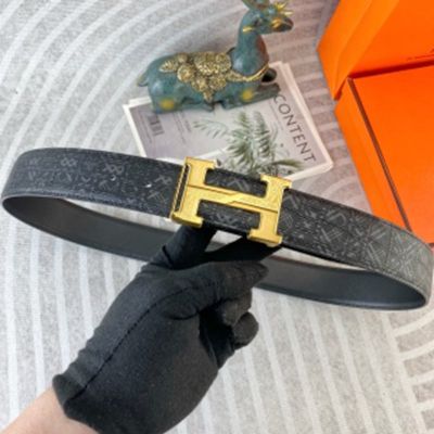 1:1  Hermes Black Leather Belt with Gold 'H' buckle Stainless Steel Buckle 3.8cm